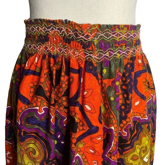 Vintage 70s Psychedelic Hawaiian Maxi Skirt M Orange Floral Barkcloth - Picture 4 of 5